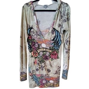 Spy Zone Exchange Women's Multicolor Embellished Graphic Tunic Hoodie Size L